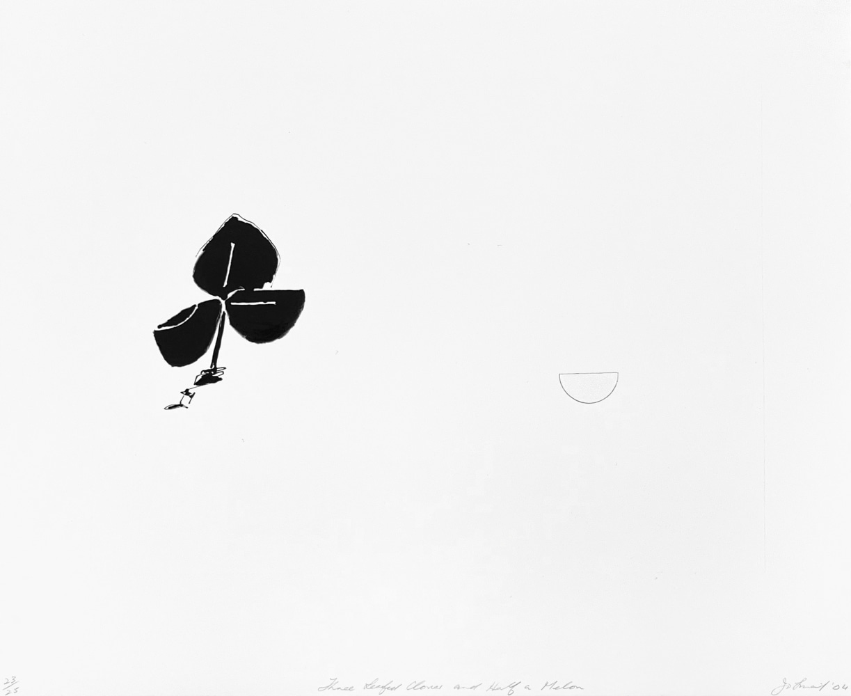 Jo Smail
Three-Leafed Clover and Half a Melon,&amp;nbsp;2004
Lithograph
15 1/2&amp;nbsp;x 19&amp;nbsp;in.&amp;nbsp;(35.6 x 36.2 cm)
Edition of 25
Published by Goya Contemporary / Goya-Girl Press
SMA-0169-O