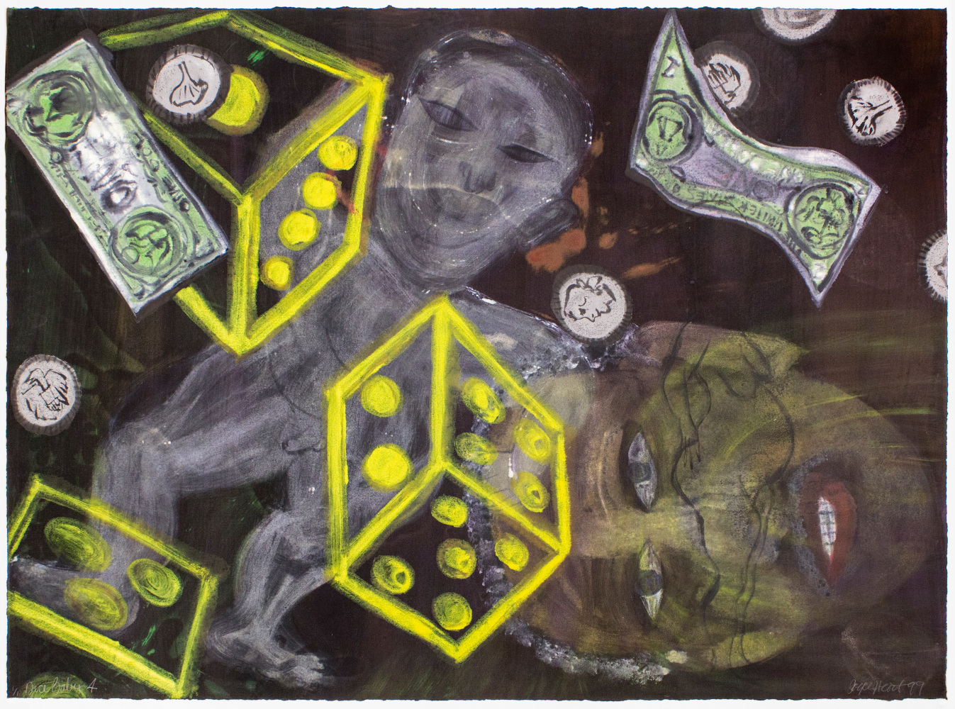 Dice Baby 4, 1999 
Monotype with handwork on Somerset Velvet paper
29 1/2 x 39 1/2 in. (74.93 x 100.33 cm)
Published & Printed by Goya Contemporary / Goya-Girl Press
SCO-0101-CO