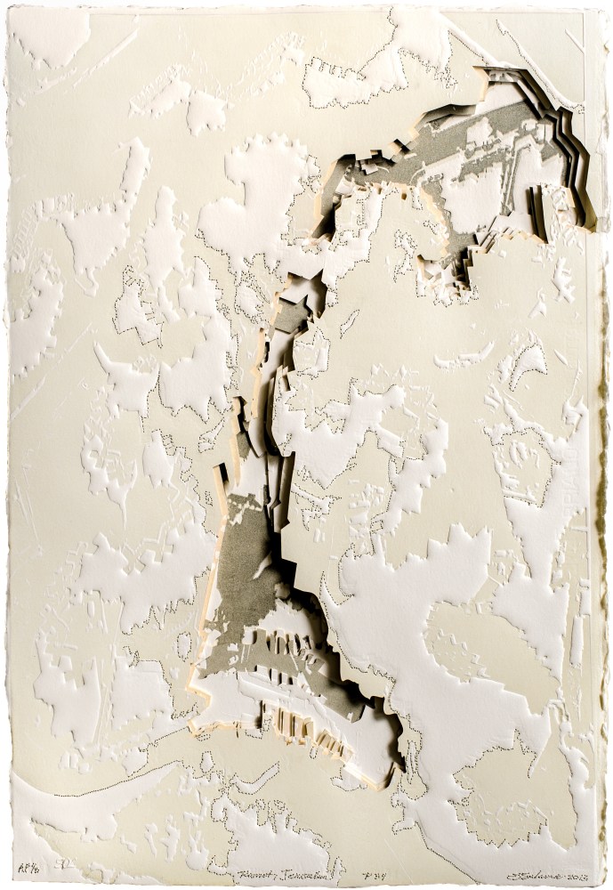 Territories Series: Jerusalem, 2013
Printing, laser cutting, embossing and sewing on 600g Fabriano paper
24 x 16 in. (61 x 40.6 cm)
AP edition of 3