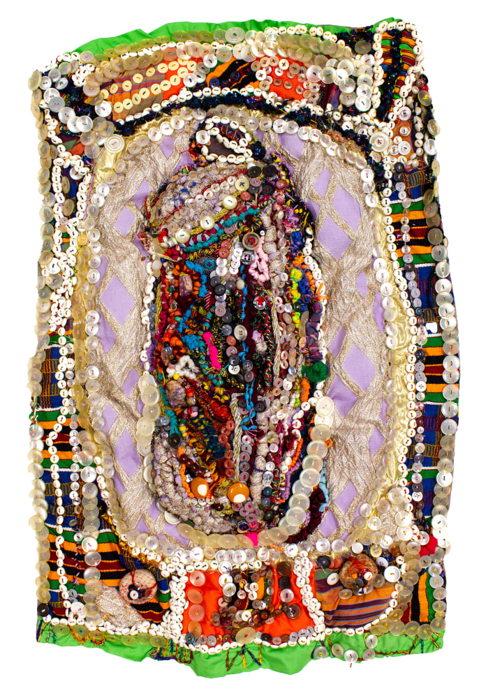 Temple,&amp;nbsp;1996
Fabric, beads, buttons, rocks, sequins, yarn, thread
35 x 24 x 3 1/2 in. (88.9 x 61 x 8.9 cm)
TScot-1042-OSR
&amp;copy; The Estate of Elizabeth Talford Scott at Goya Contemporary Gallery