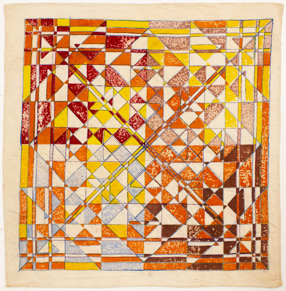Thin Good Brother (India), 1980 
Cotton dyes, woodblock, stitching on mosquito netting and unbleached cotton muslin
27 x 27 in. (68.6 x 68.6 cm)
Edition 24 of 26
Shie-1016-C