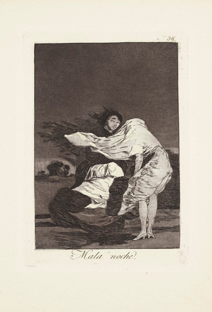 A Bad Night (Mala Noche), 1799

Etching with burnished aquatint, drypoint and engraving,&amp;nbsp;on laid paper

Plate: 8 3/8 x 6 in. (21.3 x 15.2 cm)

Sheet: 11 3/4 x 8 in. (29.8 x 20.3 cm)

Frame: 14 1/2 x 11 in. (36.8 x 27.9 cm)

Goya-1000-C