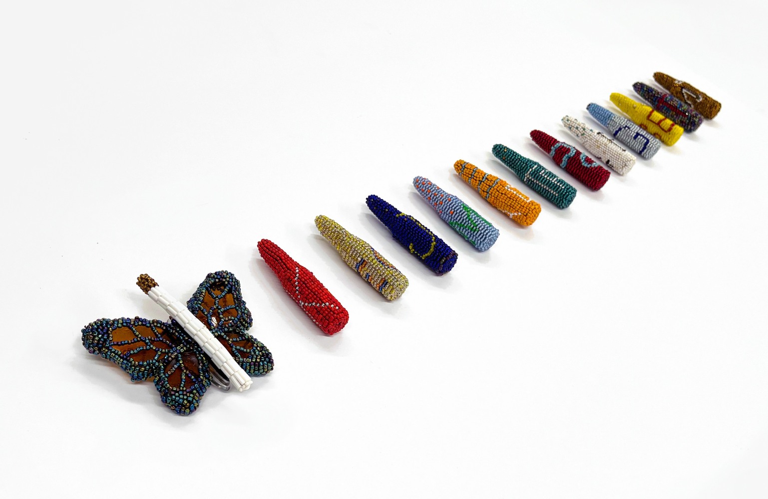 Excessive Force, 2018
Glass beads, thread, glass, found object
Bullets: 2.88 x 0.75 x 0.75 in. (7.3 x 1.9 x 1.9 cm)
Butterfly: 3.5 x 3.25 x 1.25 in. (8.9 x 8.3 x 3.2 cm)
Beaded bullets with the initials of individuals who perished through the use of excessive force. Individuals include:
Katheryn Johnson, Tamir Rice, Korryn Gaines, Trayvon Martin, Rodney King, Mike Brown, Philando Castille,
Sandra Bland, Erica Garner, Amadou Diallo, Freddie Gray, Tanisha Anderson, Eric Garner's Soul (Butterfly)
Scot-1151-C