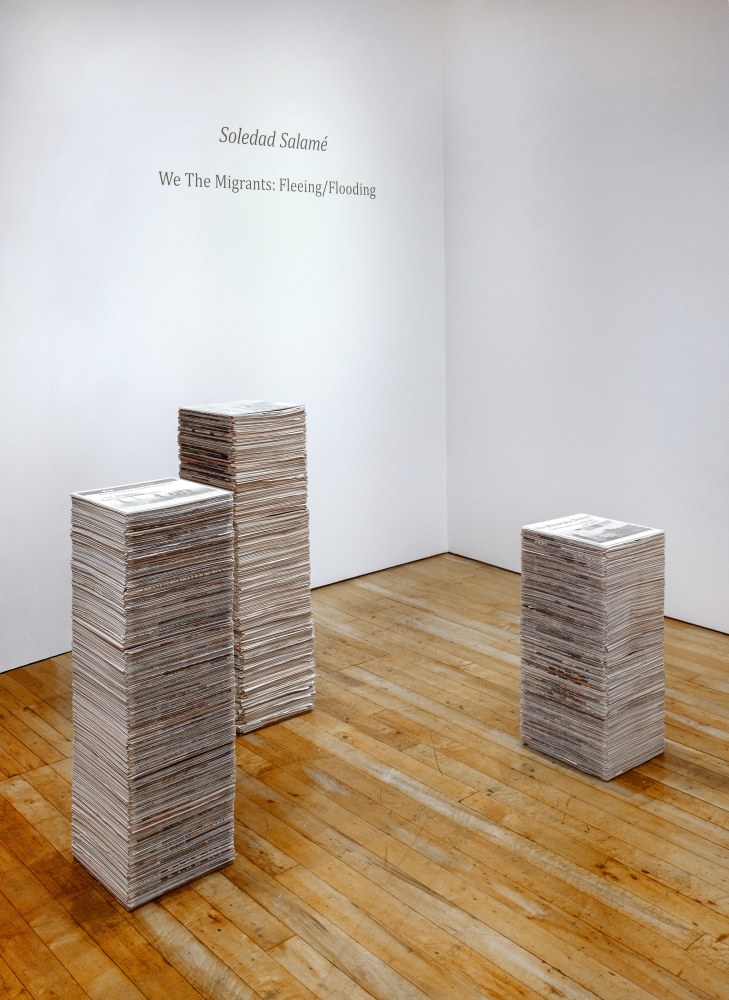 Stacks,&amp;nbsp;2019

Installation including variable size newspaper stacks and embroidered pigment prints on Fabriano paper

Install dimensions variable. Approx. 36 x 12 1/2 x 11 in. (91.4 x 31.8 x 27.9 cm)

Sala-1247-C