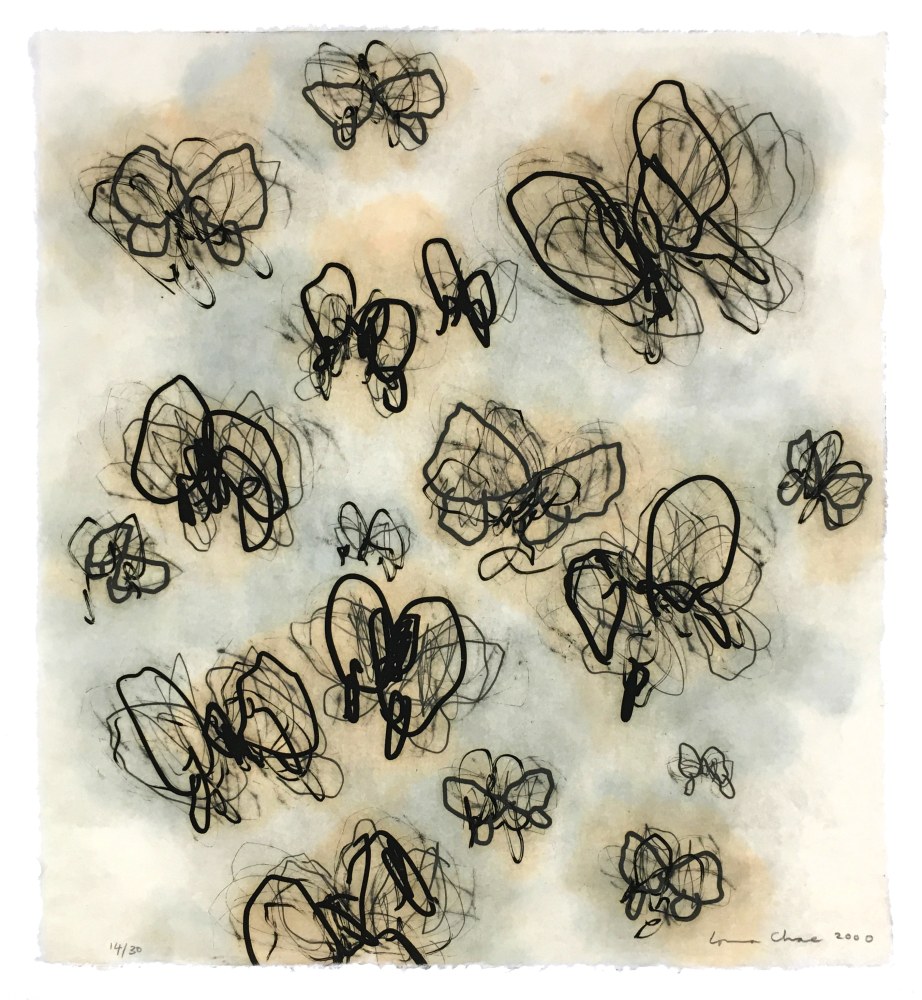 Untitled (Butterflies), 2000
Two plate solar etching on Sekishu paper with hand applied watercolor
18 x 16 in. (45.72 x 40.64 cm)
Edition of 30
Printed and published by Goya Contemporary / Goya-Girl Press
CHA-0065-CO