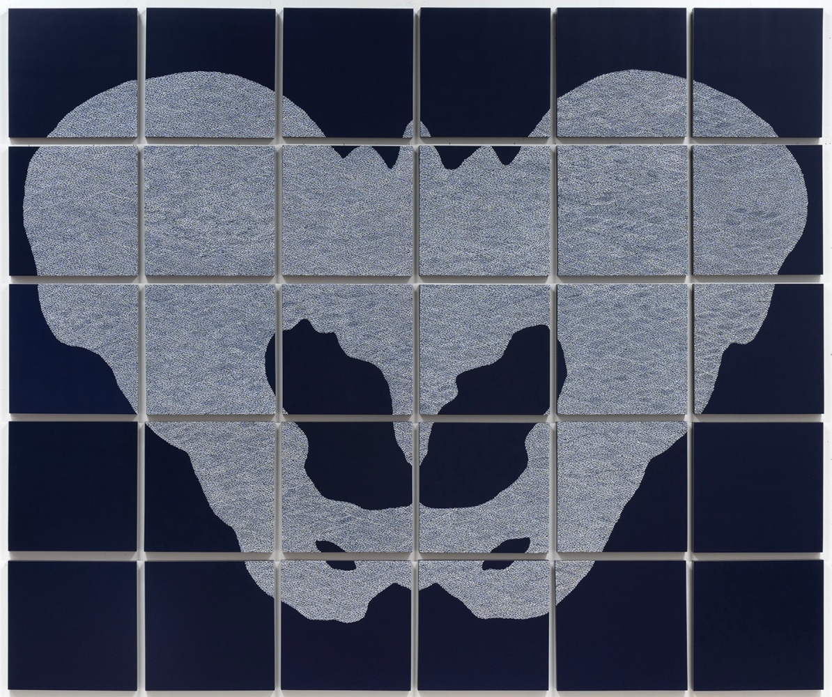 White Pelvis on Dark Blue, 2023
Enamel on wood panels
84 x 101 inches (213.4 x 256.5 cm)
Brow-1182-C