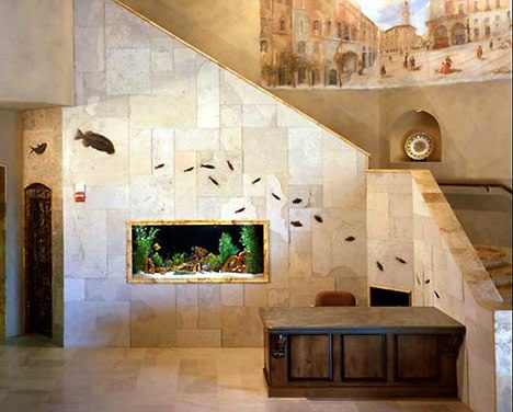 Fossil tile wall containing a school of fossil fish