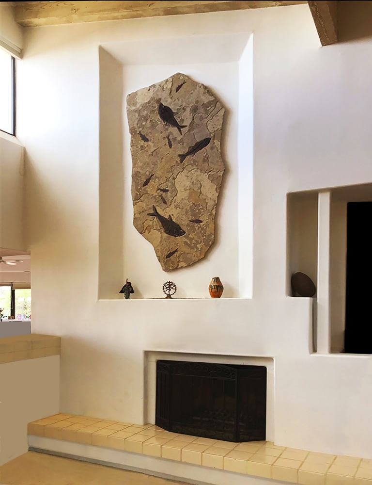 A tall vertical irregularly shaped fossil fish mural rests in an alcove of a modern Arizona home