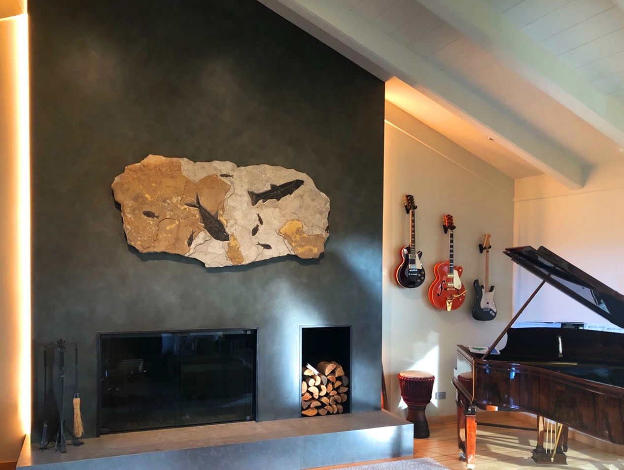 A music room featuring an irregularly shaped fossil mural with large and small fossil fish hangs above a contemporary fireplace