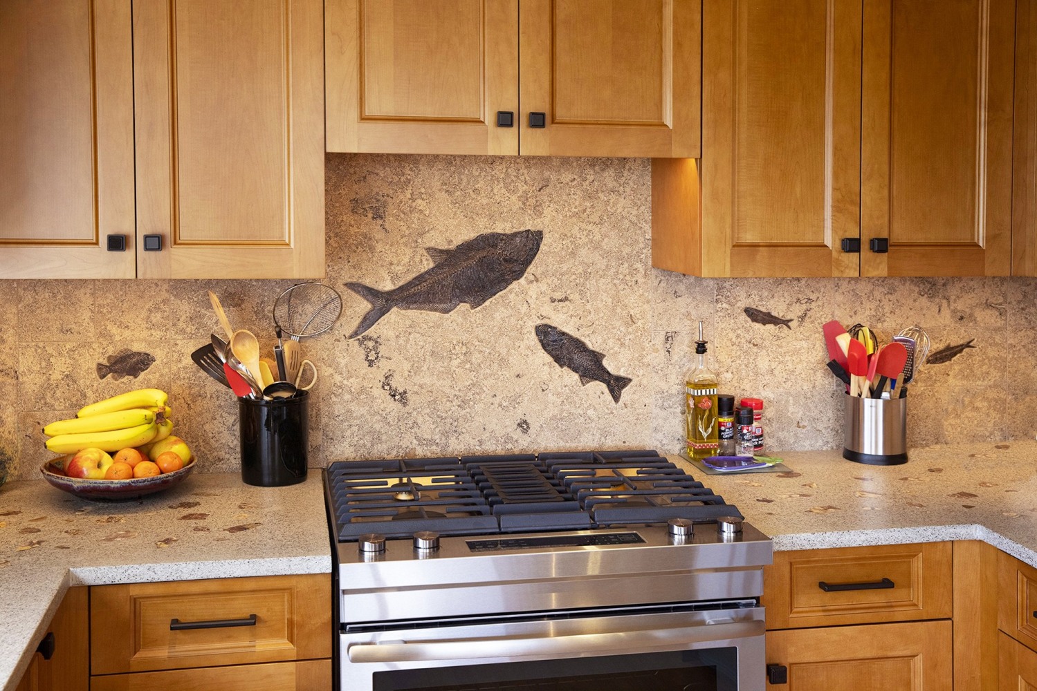 Fossil tile backsplash made from &quot;Combination Finished&quot; stone