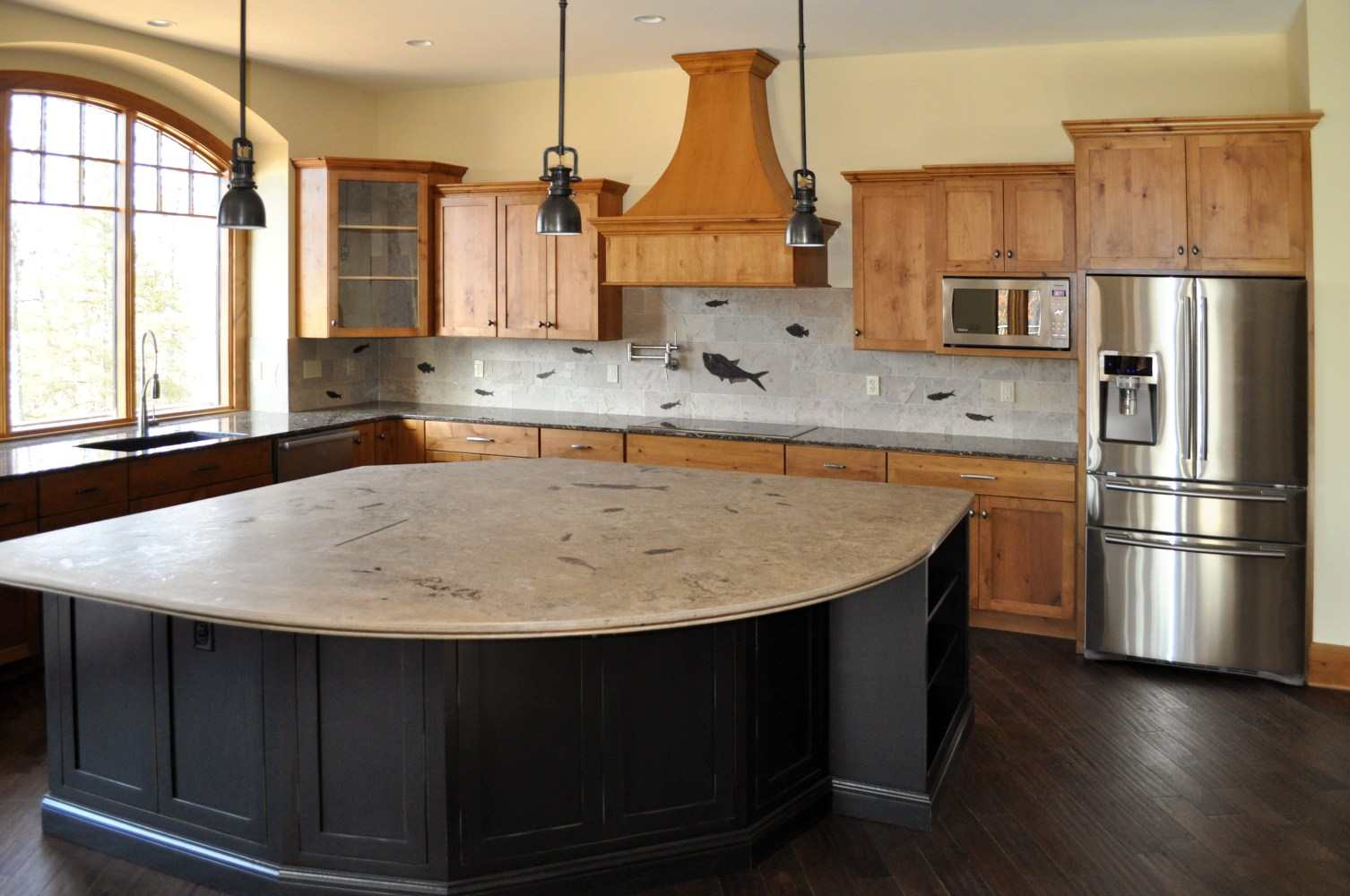 Large fossil stone island top with a seating section