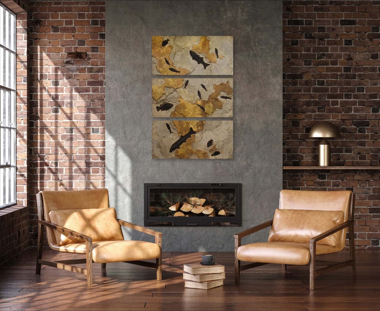 Fossil Fish Triptych 1008ABC (SOLD) - A large, vertical triptych mural ...