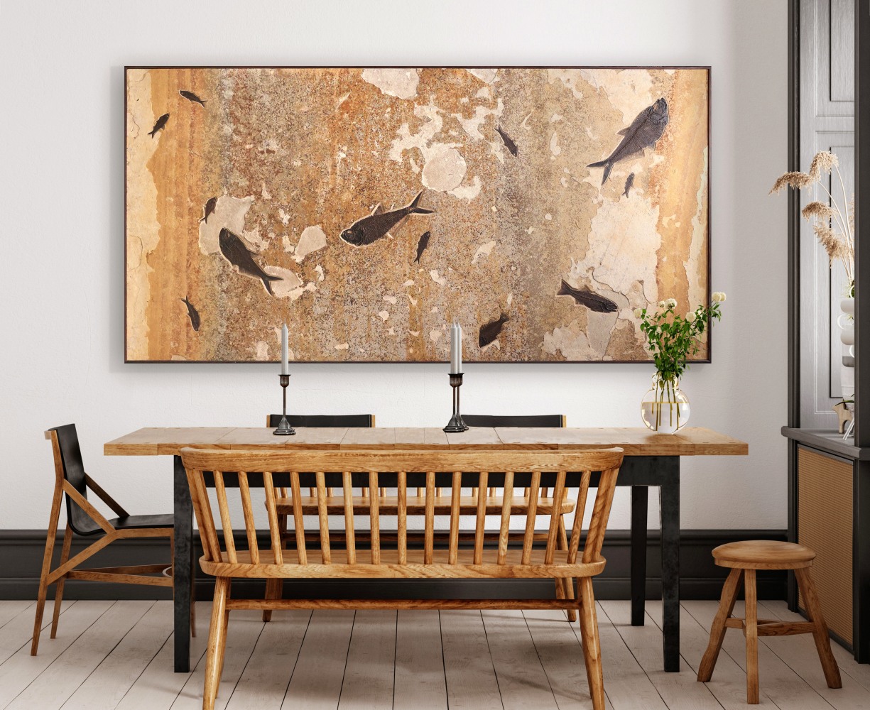 This dining room features a combination of classic wood furniture and a large fossil mural measuring 49&amp;quot; x 97&amp;quot;. The mural adds a stunning organic element to the room, showcasing fossils from the Early Eocene.