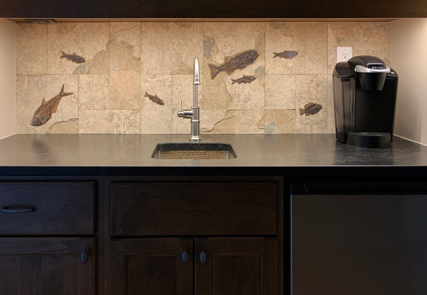 Fossil fish tiles were used to make this bar backsplash
