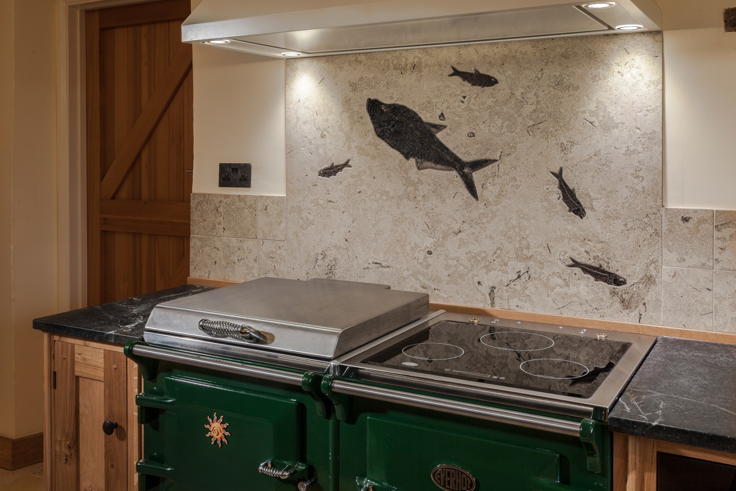 Fossil backsplash made from our &quot;Fossil Storm&quot; stone layer