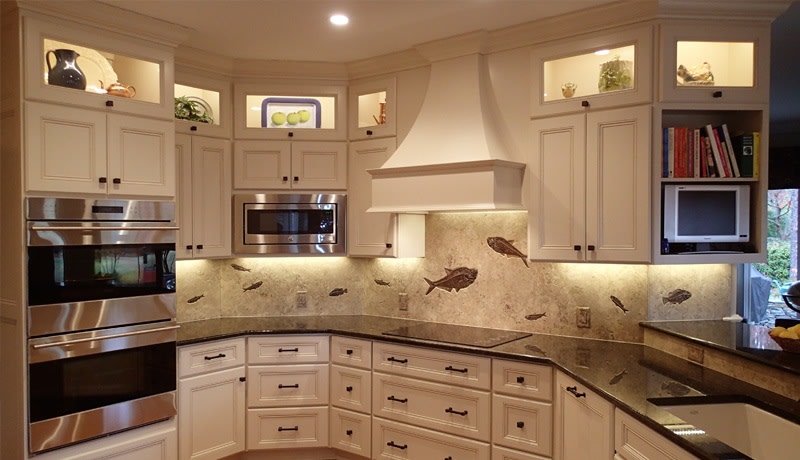 Fossil backsplash made from a light colored limestone in a honed finish with large and small fossil fish in shallow relief