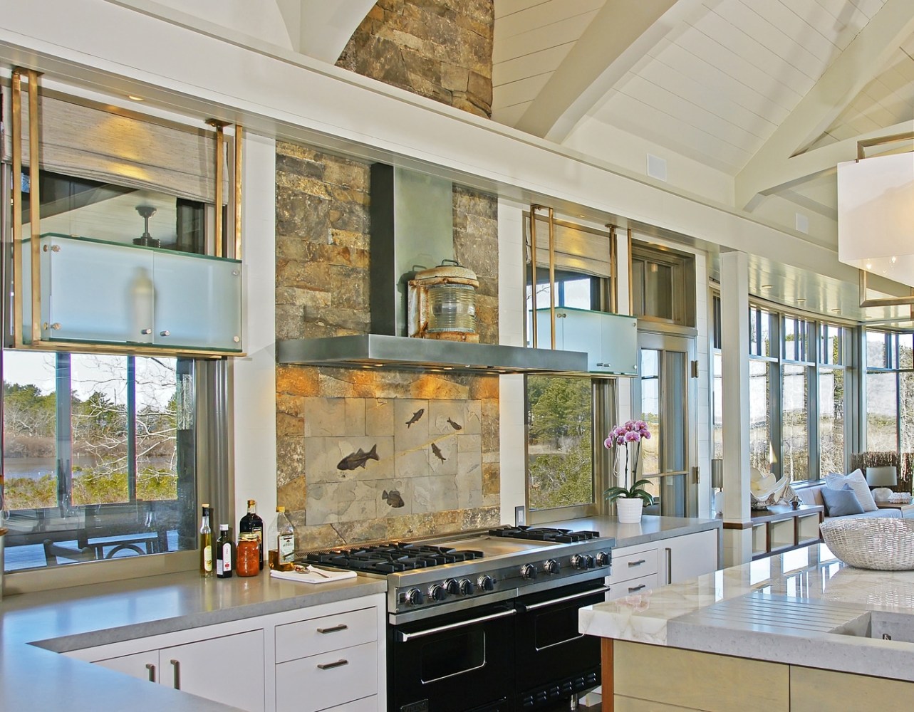 Fossil Tile Backsplash in adark limestone matrix