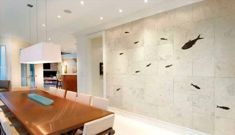 Fossil tile feature wall in a Florida home