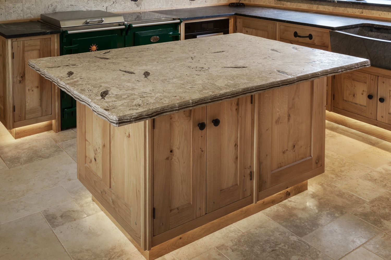 Fossil Stone Island Top made from our &quot;Fossil Storm&quot; stone layer with a rustic textured edge