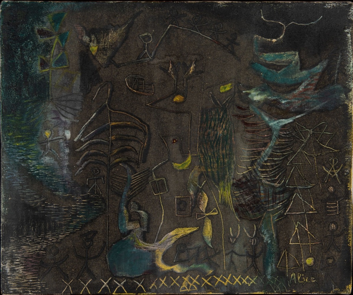 Alice Rahon

Bo&amp;icirc;te&amp;nbsp;&amp;agrave; musique III (Music Box III), 1945

Oil and sand on canvas

10 x 12 in (25.4 x 30.5 cm)

Eskenazi Museum of Art/Shanti Knight
