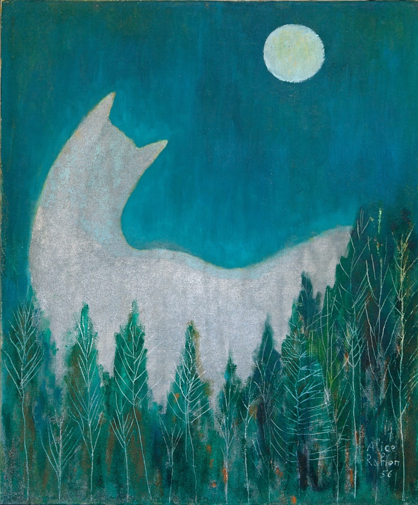 Alice Rahon

Su majestad y la luna or Luna llena y gata blanca (Her Majesty and the Moon or Full Moon and White Cat), 1956

Oil and sand on canvas

23 5/8 x 19 7/8 in (60 x 50.5 cm)
