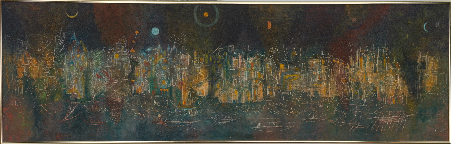 Alice Rahon

Un puerto del norte (A Northern Port), 1947

Oil and sand on canvas

13 1/2 x 43 1/2 in (34.3 x 110.5 cm)