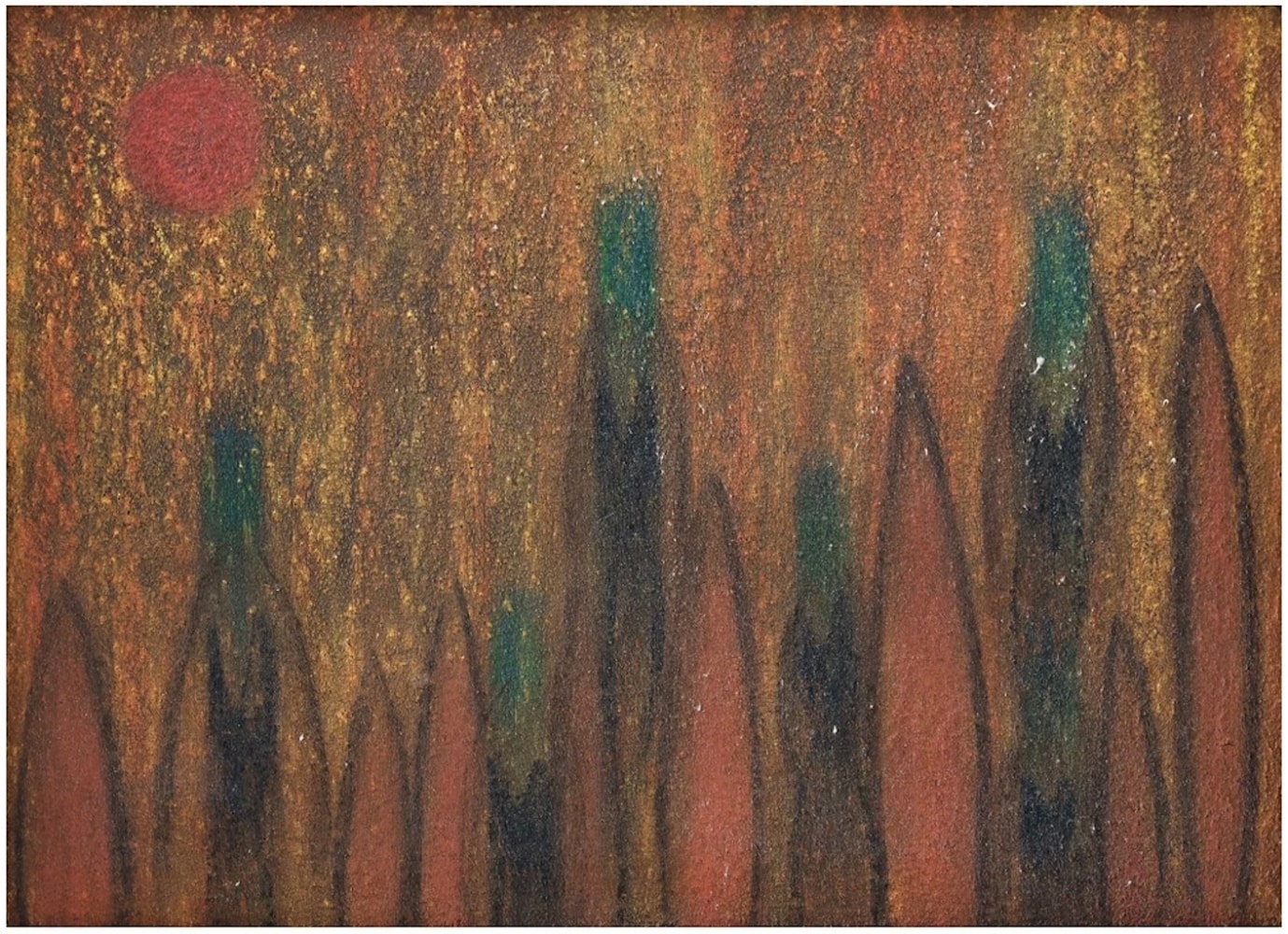 Alice Rahon

Los gatos (The Cats), 1953

Oil and sand on Masonite

11 1/2 x 15 3/8 in (29.2 x 39.1 cm)