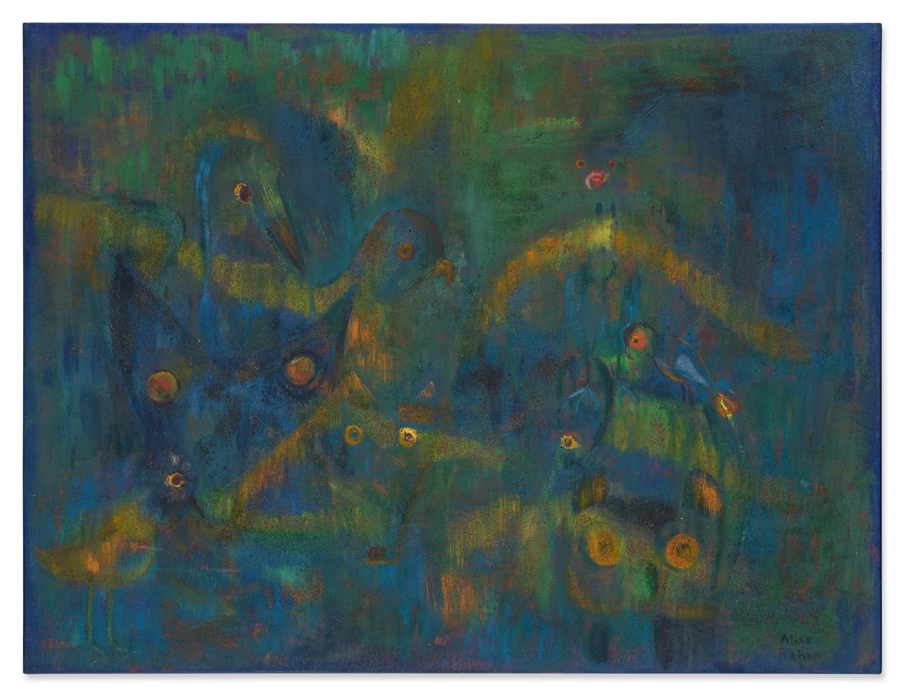 Alice Rahon

Tepoztl&amp;aacute;n (La selva tot&amp;eacute;mica) [Tepoztl&amp;aacute;n (Totemic Forest)], 1947

Oil and sand on canvas

22 1/2 x 29 1/2 in (57.2 x 74.9 cm)