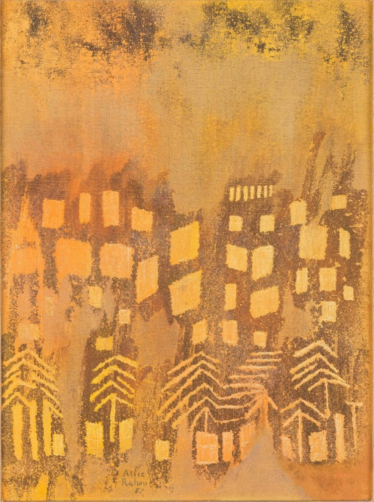 Alice Rahon

Calle de los recuerdos (Street of Memories), 1957

Oil on canvas board

15 4/5 x 12 in (40.1 x 30.5 cm)