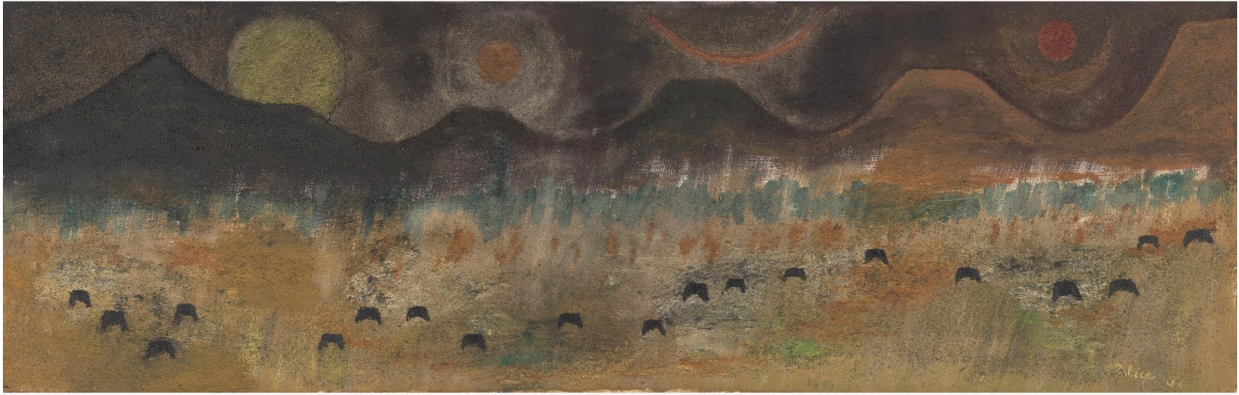 Alice Rahon

The Valley of Mexico, 1946

Oil and sand on canvas

15 1/2 x 39 1/2 in (39.4 x 100.3 cm)

Gift of Anne d&amp;#39;Harnoncourt and Joseph Rishel, 2022 (2022-72-152). Philadelphia Museum of Art, Pennsylvania, USA