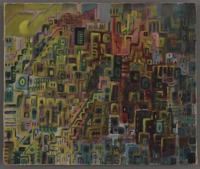 Alice Rahon

La ville orientale (The Eastern City), 1944

Oil on canvas

10 x 12 in (25.4 x 30.5 cm)

Gift of Ann M. Huebner, Class of 1989 and Ross P. Waller, Class of 1989

Hood Museum of Art, Dartmouth