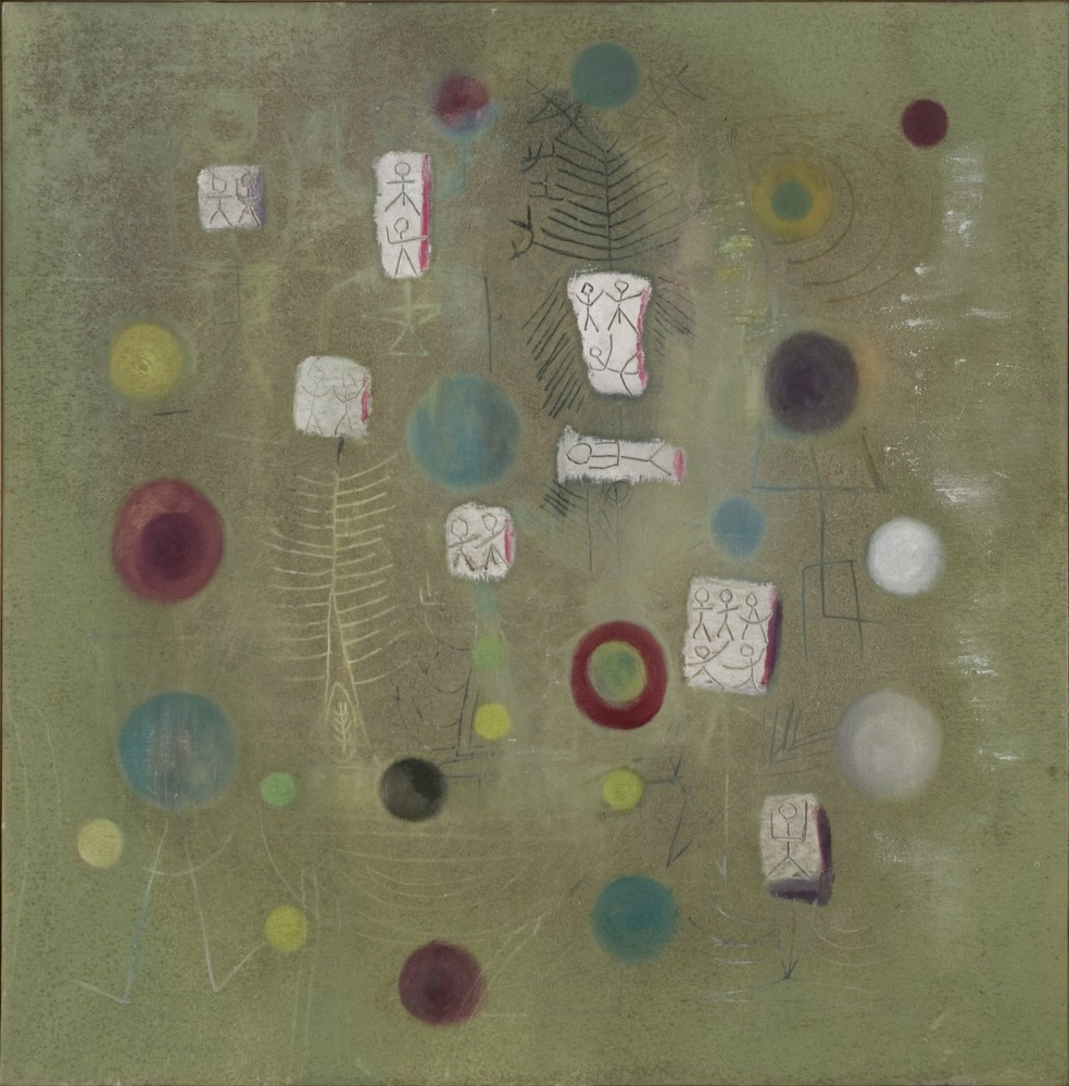 Alice Rahon

Promeneurs dans un pr&amp;eacute; (Hikers in a Meadow), 1946

Oil and sand on canvas

31 1/2 x 31 1/2 in (80 x 80 cm)