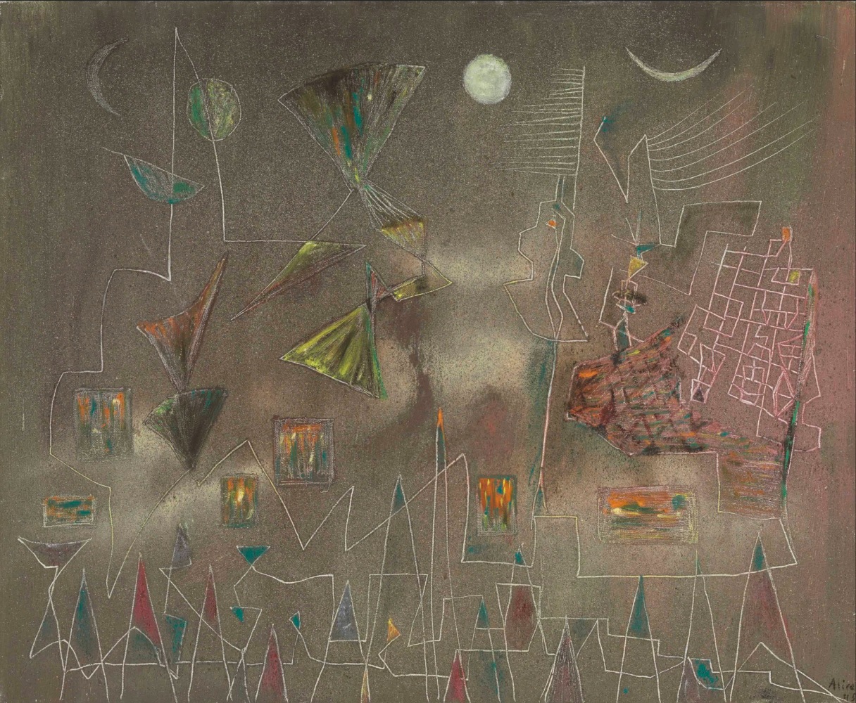 Alice Rahon

Le ciel au dessus de la ville (The Sky Above the City), 1945

Oil and sand on canvas

23 7/8 x 28 7/8 in (60.7 x 73.4 cm)