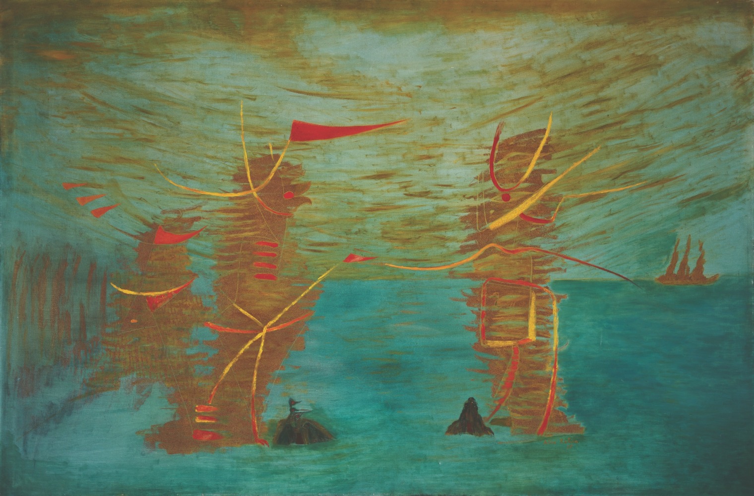 Alice Rahon

El dios Eh&amp;eacute;catl encontrando a una mujer (The God Eh&amp;eacute;catl Finding a Woman), 1955&amp;nbsp;

Oil and sand on canvas

46 1/2 x 70 7/10 in (118 x 179.5 cm)