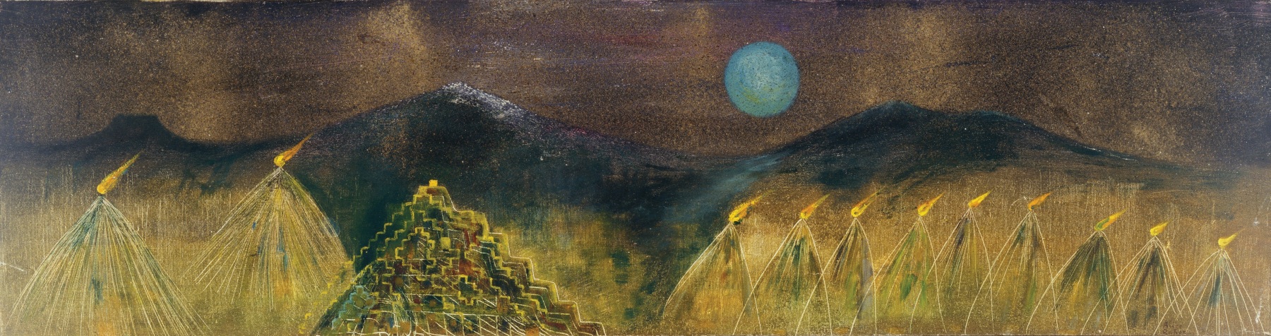 Alice Rahon

Feu d&amp;rsquo;herbes (Herbs on Fire), 1945

Oil on canvas

9 4/5 x 38 3/4 in (25 x 98.5 cm)