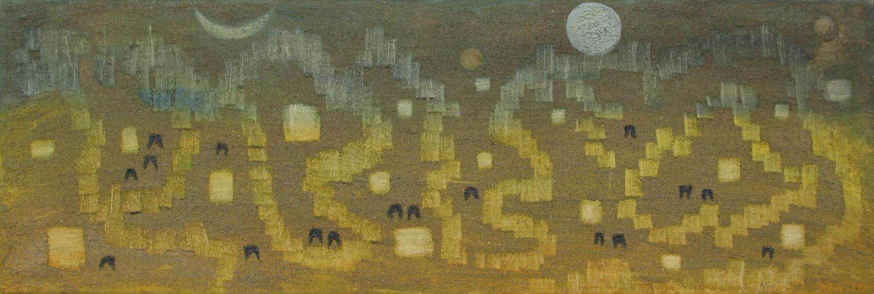 Alice Rahon

Happy Hunting Grounds, 1946

Oil and sand on canvas

12 3/5 x 39 2/5 in (32 x 100 cm)