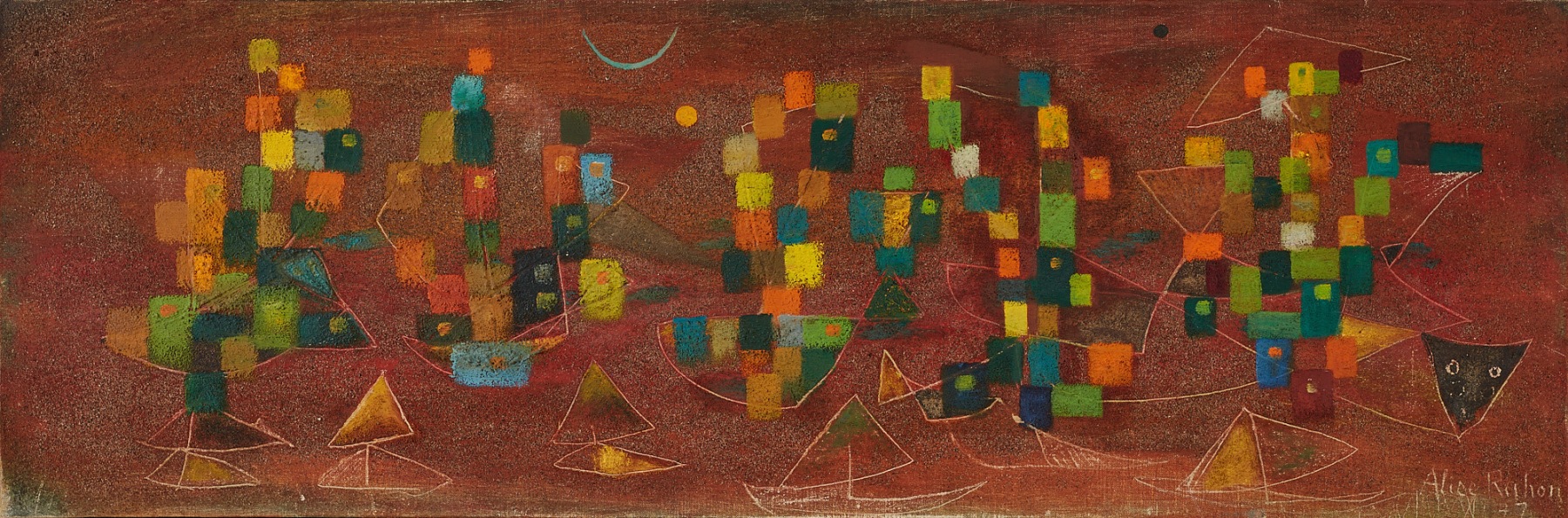 Alice Rahon

Un d&amp;iacute;a alegre (A Happy Day), 1947

Oil and sand on canvas

11 x 33 1/2 in (27.9 x 85.1 cm)