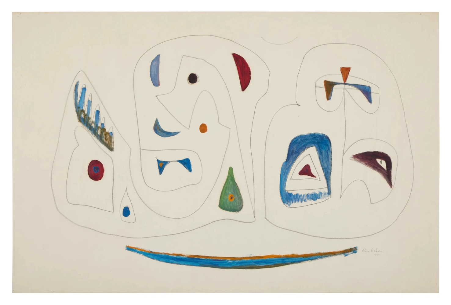 Alice Rahon

M&amp;aacute;scaras (Masks), 1955

Oil and graphite on paper

23 x 34 13/16 in (58.4 x 88.4 cm)