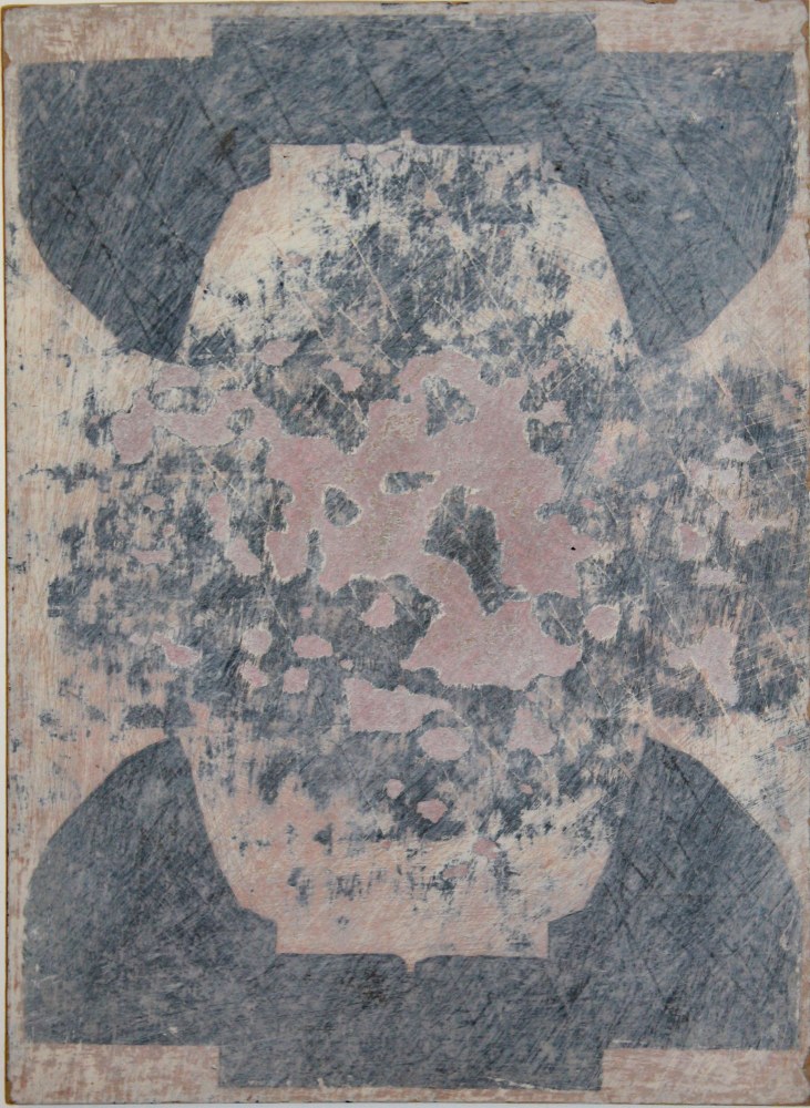 Ray Johnson, Untitled (Pink and Grey Moticos), circa 1954, Mixed media collage on cardboard panel, 11 x 7.5 (27.9 x 19.1), 17370