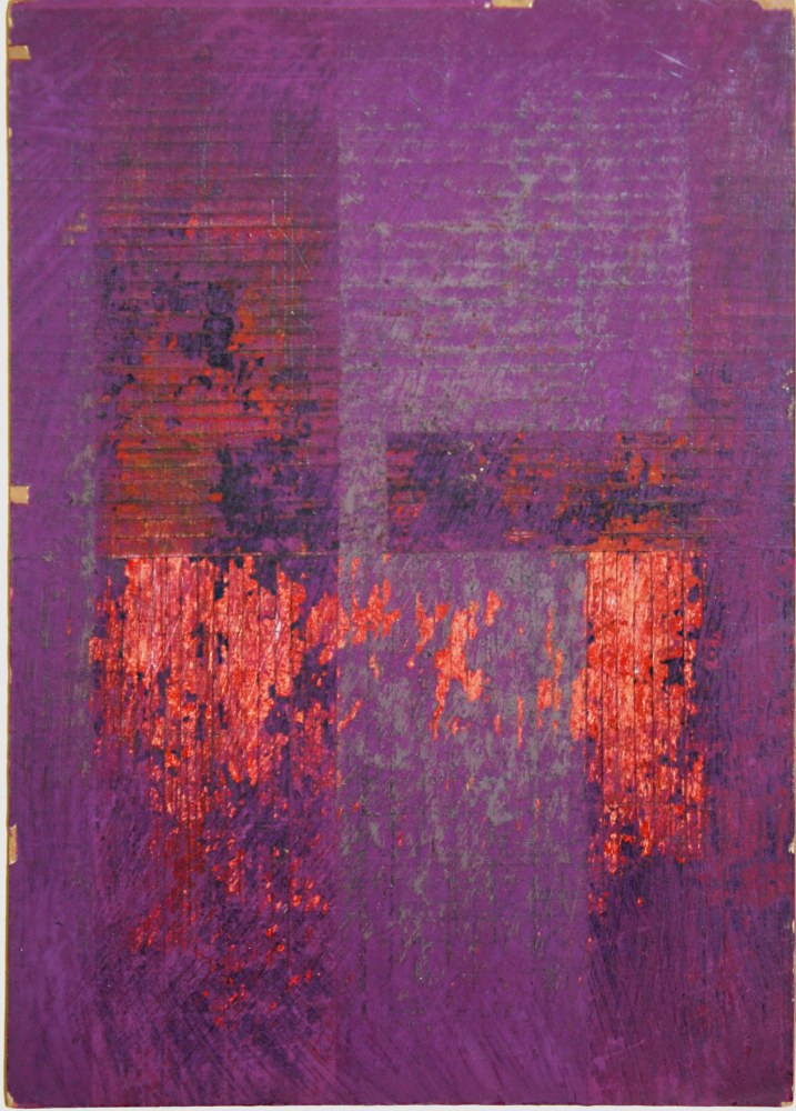 Ray Johnson, Untitled (Moticos in Purple and Orange), circa 1957-58, Mixed media collage on cardboard panel, 11 x 7.5 (27.9 x 19.1), 17377