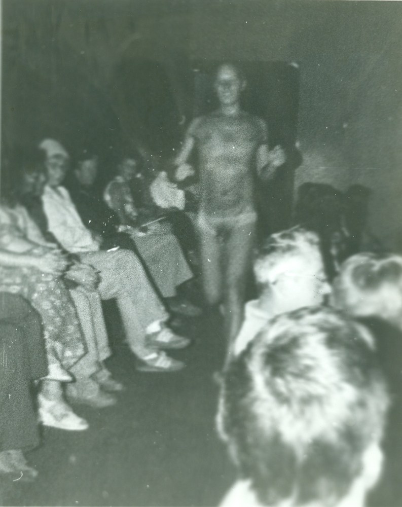 Ray Johnson at the Walker Art Center, 1979. This act was a reference to another Ray Johnson, who had streaked at the Vatican and who Johnson had met previously at the Wadsworth Antheneum. Photographer unknown.