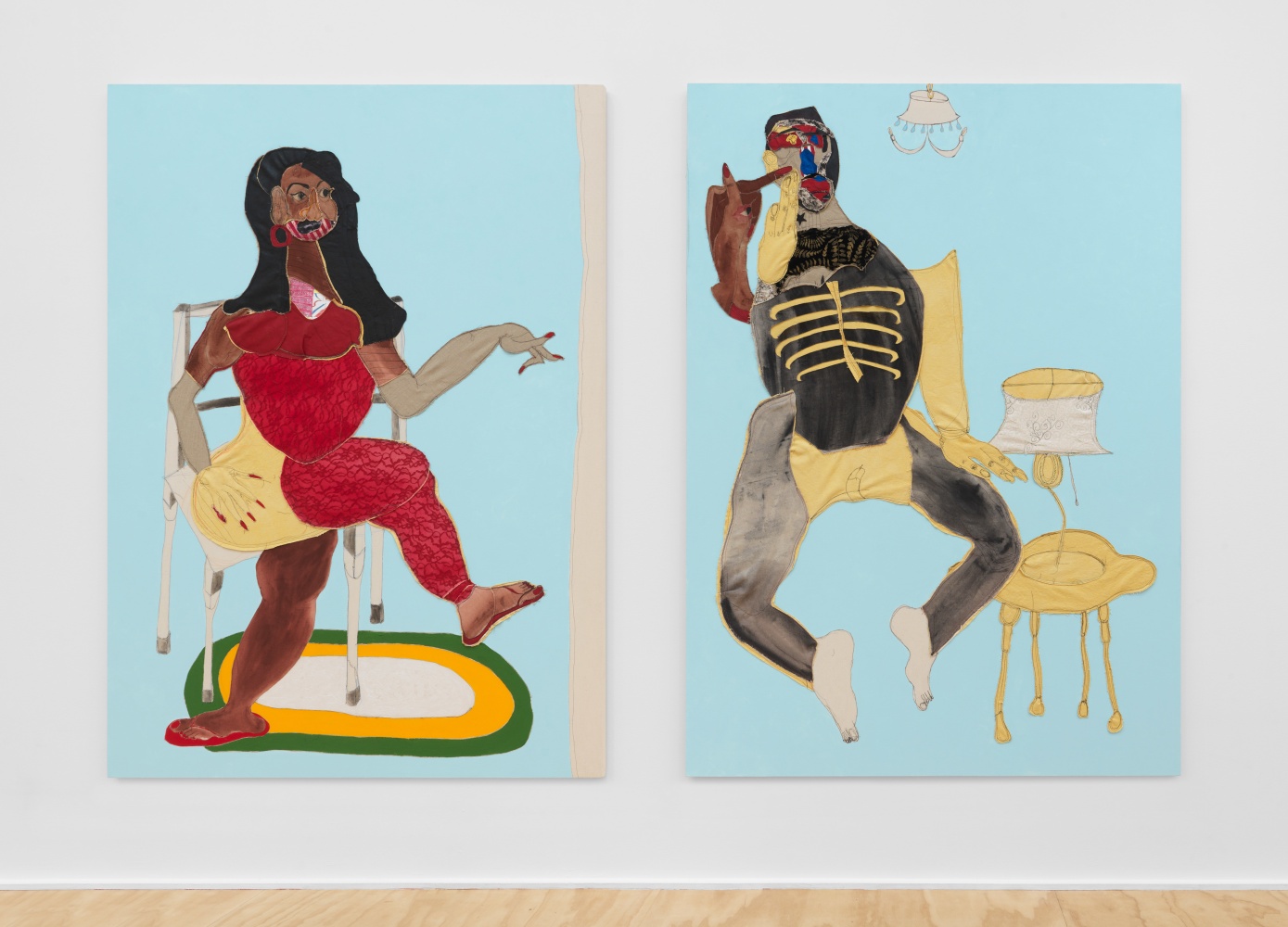 Painting by Tschabalala Self Spat 2019–2020 Acrylic, dyed canvas, paper, fabric, thread, lace, and painted canvas on canvas; 2 parts