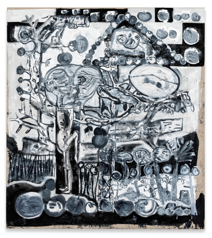 Black, white, grey painting by Tobias Pils, Old Lovers 2019 Acrylic and oil on canvas 208 x 186 x 4 cm / 81 7/8 x 73 1/4 x 1 5/8 in