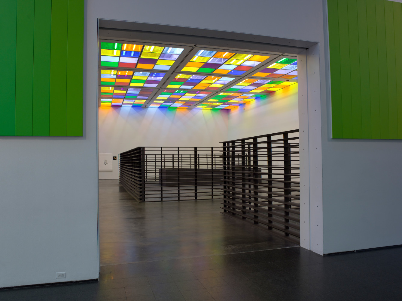 Installation view of sculptures and light installations by Liam Gillick
