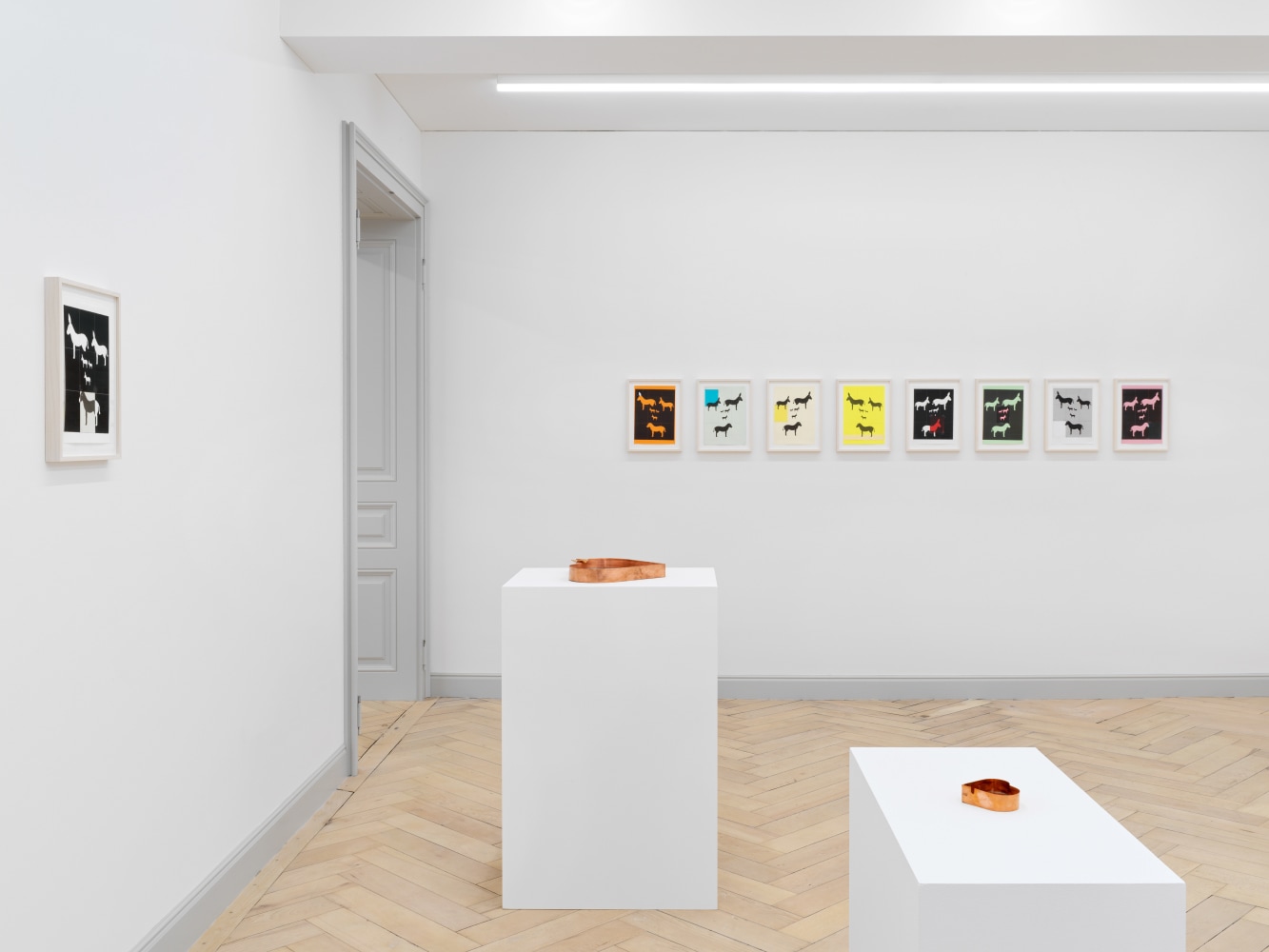 Installation view of Valentin Carron collage and sculpture exhibition