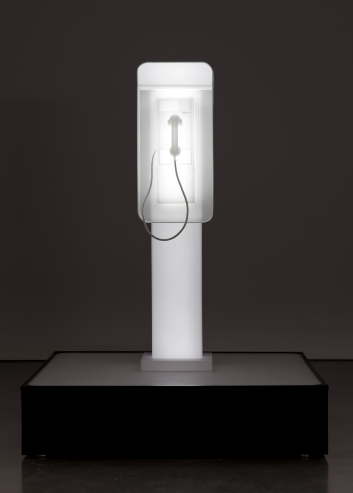 Phonebooth sculpture by Doug Aitken, twilight 2014 Cast resin, acrylic, responsive LEDs 182 x 138 x 138 cm / 71 3/4 x 54 1/4 x 54 1/4 in ​Edition of 4 + 2 AP © Doug Aitken