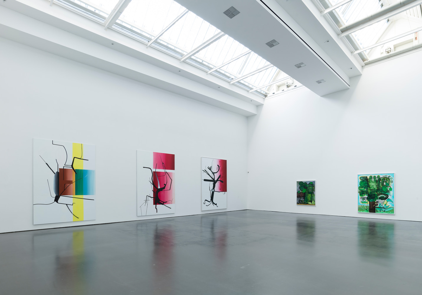 Installation view of paintings by Albert Oehlen and Carroll Dunham