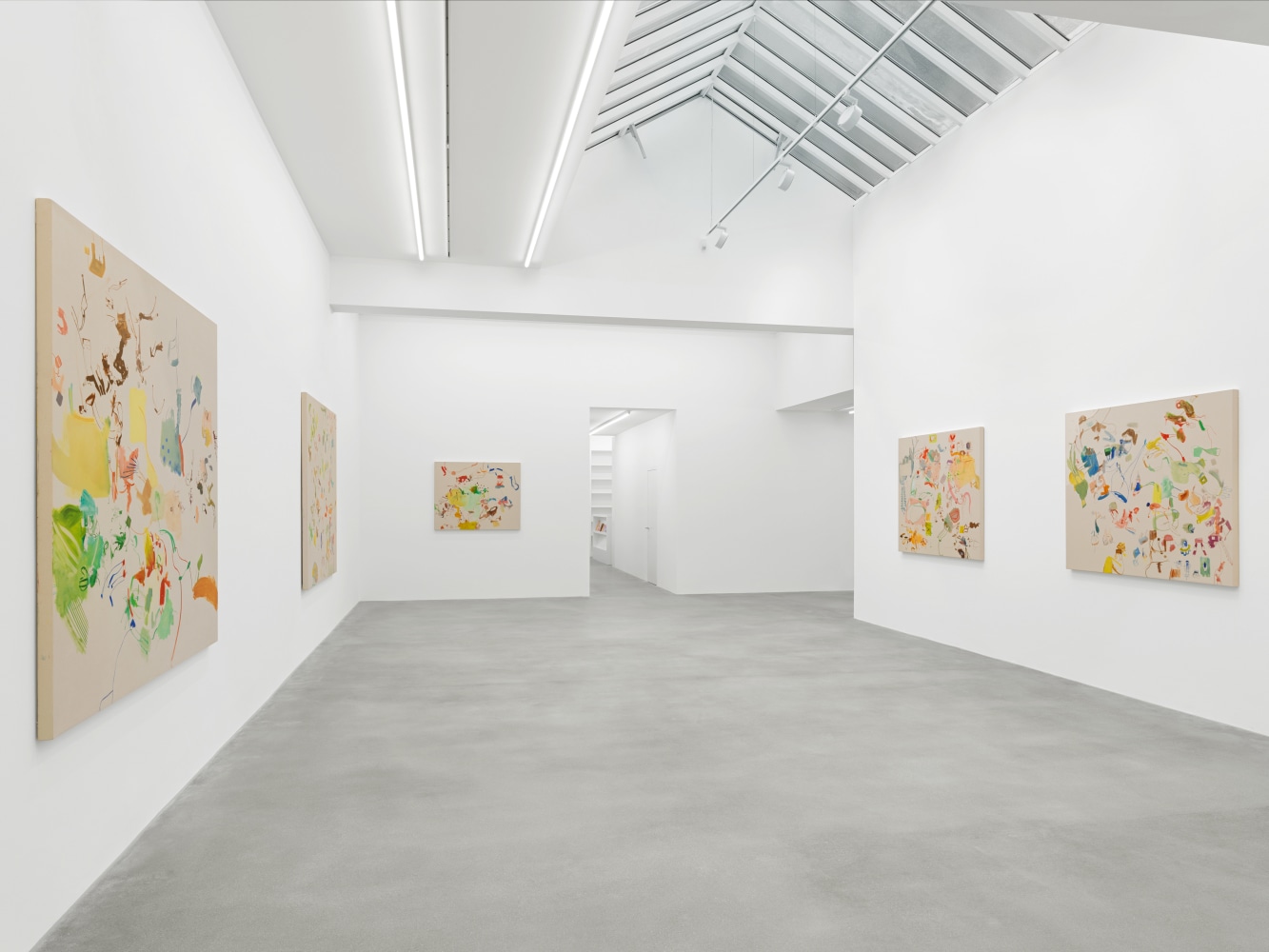 Installation view of Sue Williams painting and collage exhibition