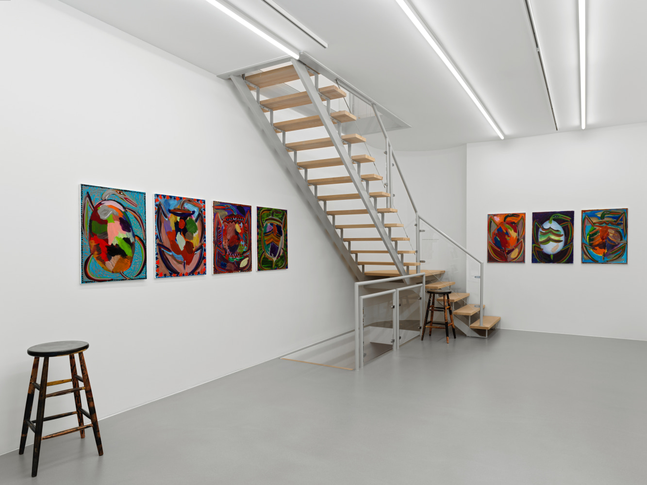 Installation view of Josh Smith paintings, monotypes, and ceramics exhibition