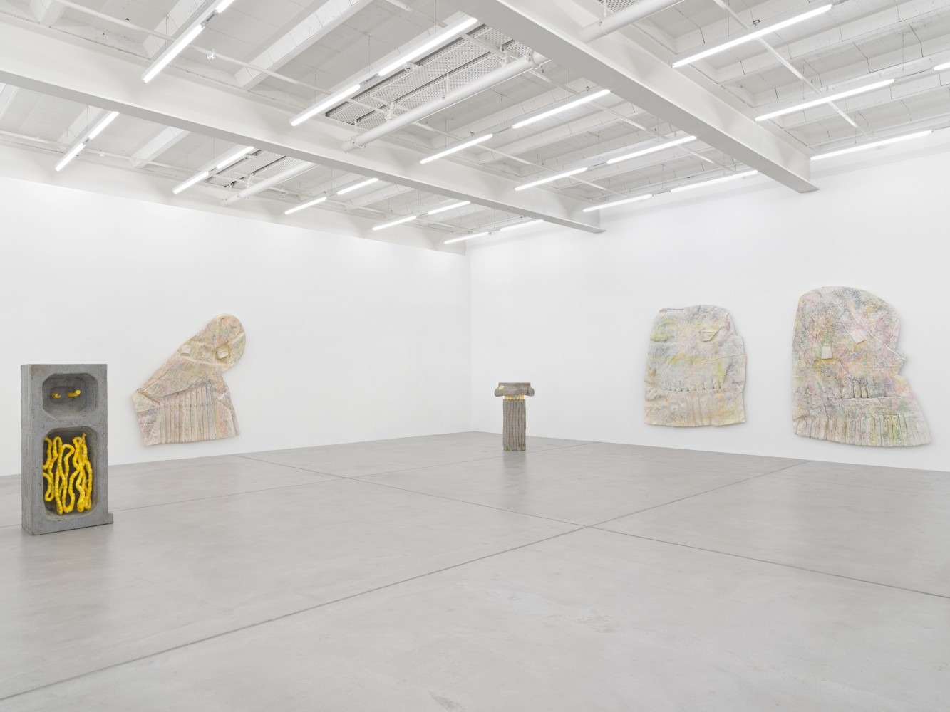 Installation view of Justin Matherly sculpture and wall relief exhibition